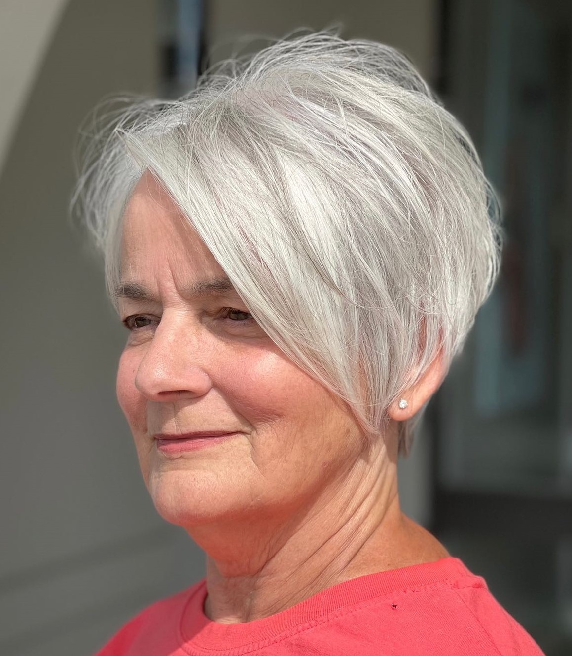 Stacked Silver Pixie with Long Asymmetrical Bangs